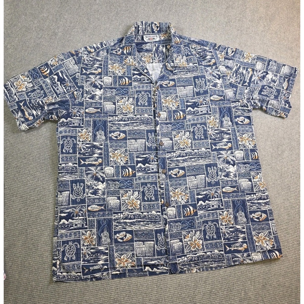 Pacific Legend Hawaiian Shirt Men's XL Turtles, Beach Hut, Fish Made In Hawaii